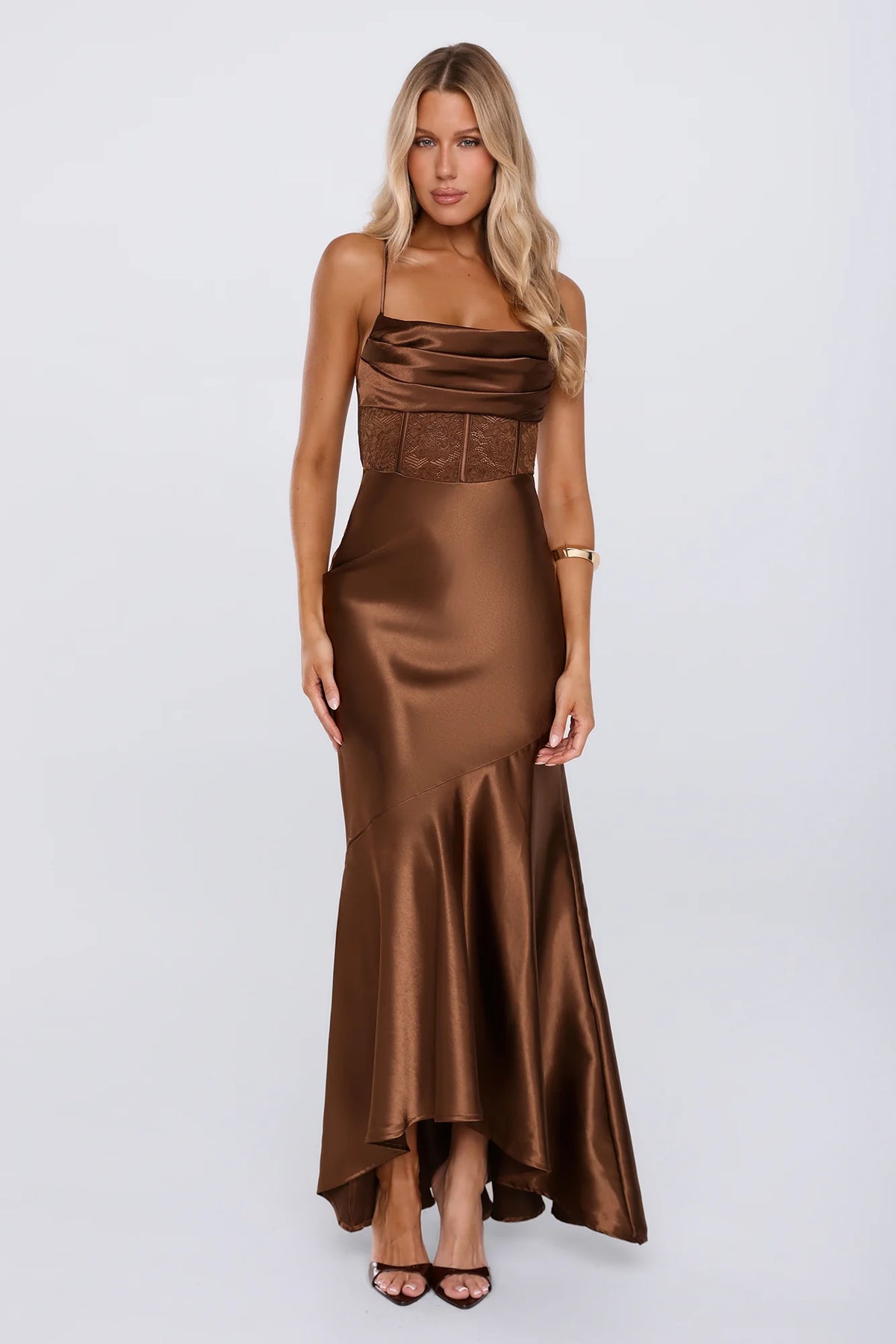 Moments In Silk Satin Maxi Dress Chocolate