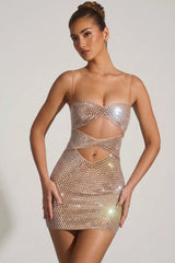 Embellished Cut-Out Mini Dress in Honey