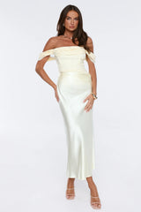 Styled Story Lace Satin Off Shoulder Maxi Dress Yellow