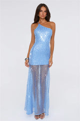 Crystal Whisper One Shoulder Sequin Maxi Dress Blue