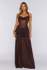 Effortless Enchantress Mesh Halter Maxi Dress Brown