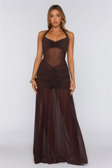 Effortless Enchantress Mesh Halter Maxi Dress Brown
