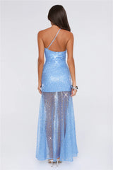 Crystal Whisper One Shoulder Sequin Maxi Dress Blue