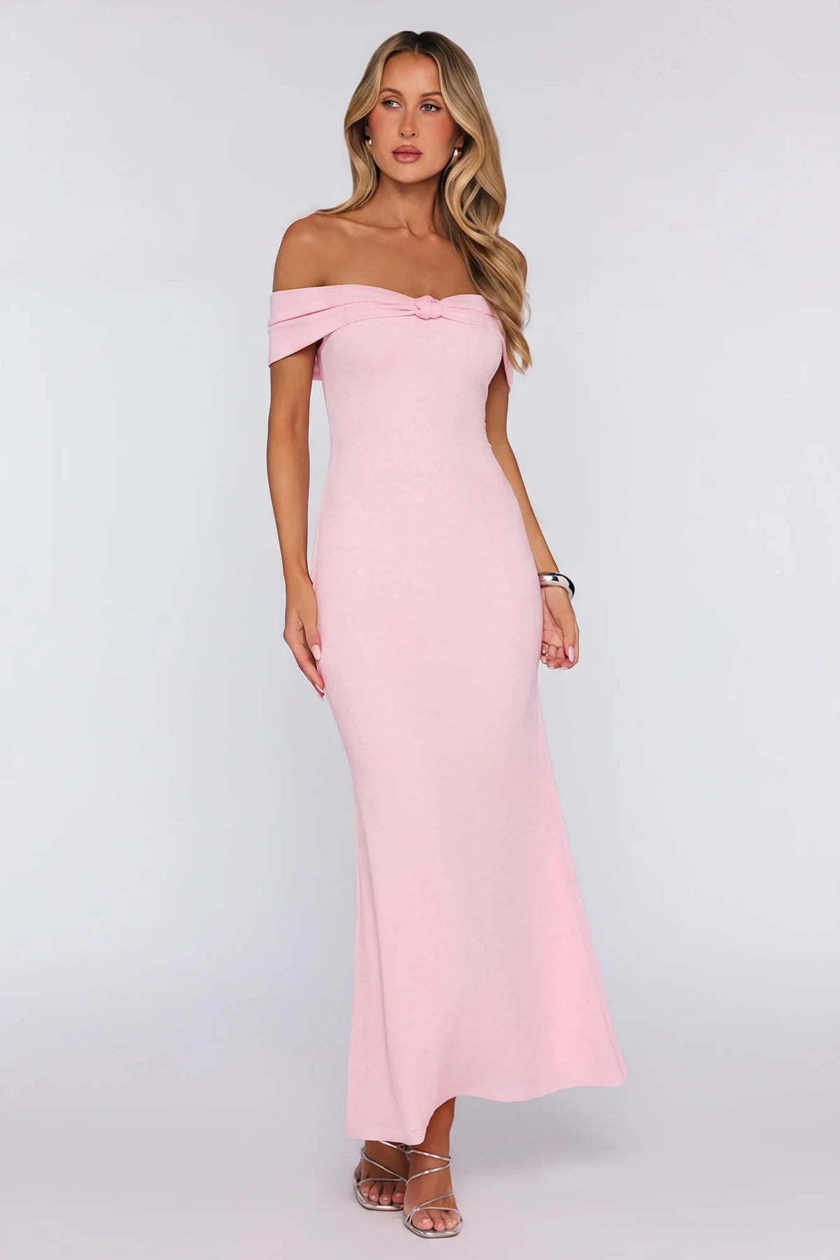 Flamingo Haze Mesh Off Shoulder Maxi Dress Pink