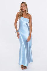 Fashion Story One Shoulder Satin Maxi Dress Blue