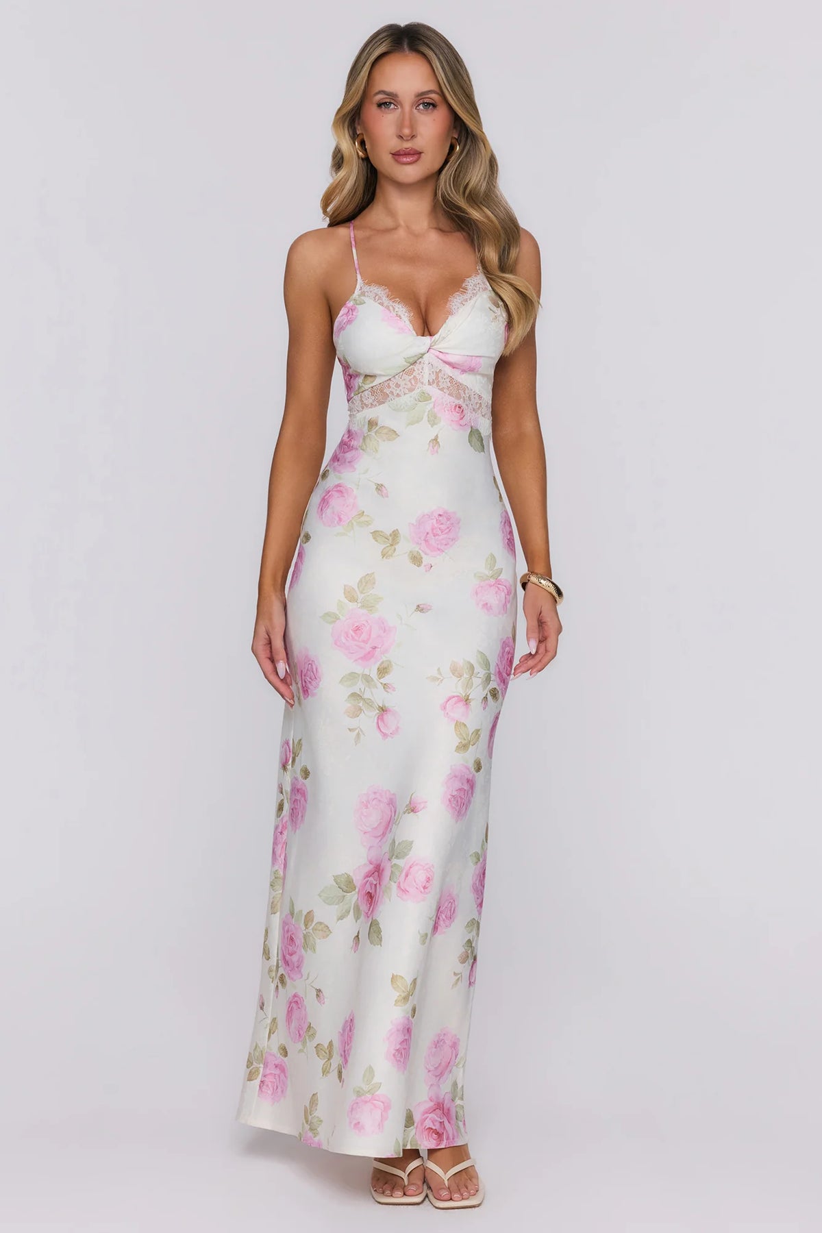 Romantic Muse Lace Floral Satin Maxi Dress Pink