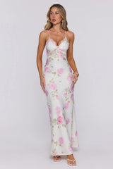 Romantic Muse Lace Floral Satin Maxi Dress Pink