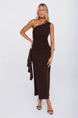 Chic One Shoulder Ruched Drape Maxi Dress Chocolate