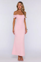 Flamingo Haze Mesh Off Shoulder Maxi Dress Pink