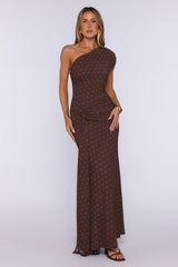 Power Mood One Shoulder Polka Dot Maxi Dress Brown