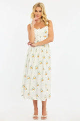 White Floral Midi Dress Gathered Bust Lace Trim