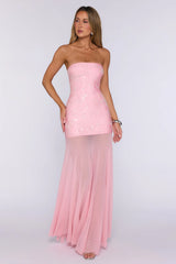 The Fame Effect Embellished Mesh Strapless Maxi Dress Pink