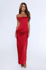 The After Party Off Shoulder Satin Maxi Dress Red