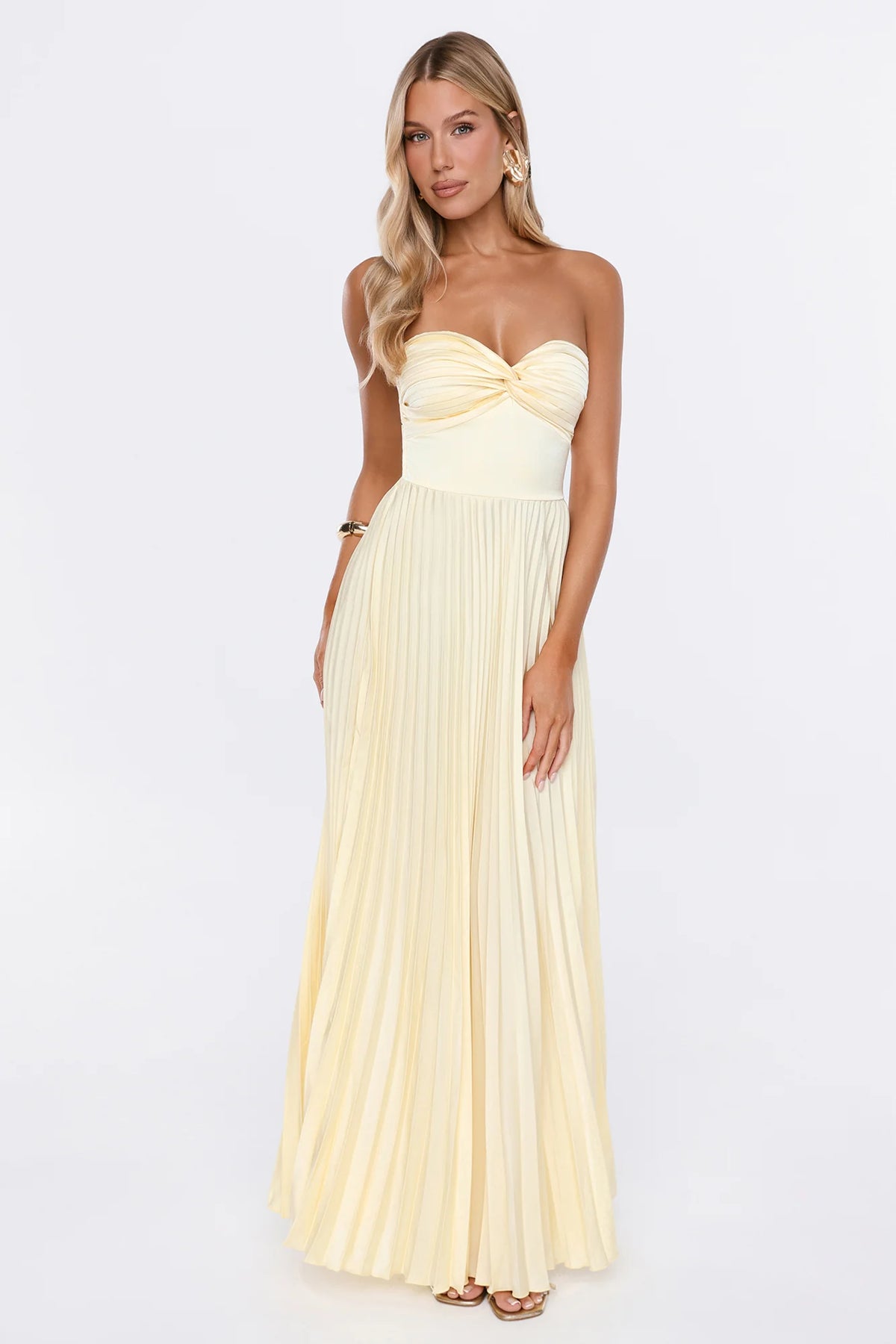 Dress Society Satin Pleated Strapless Maxi Dress Yellow
