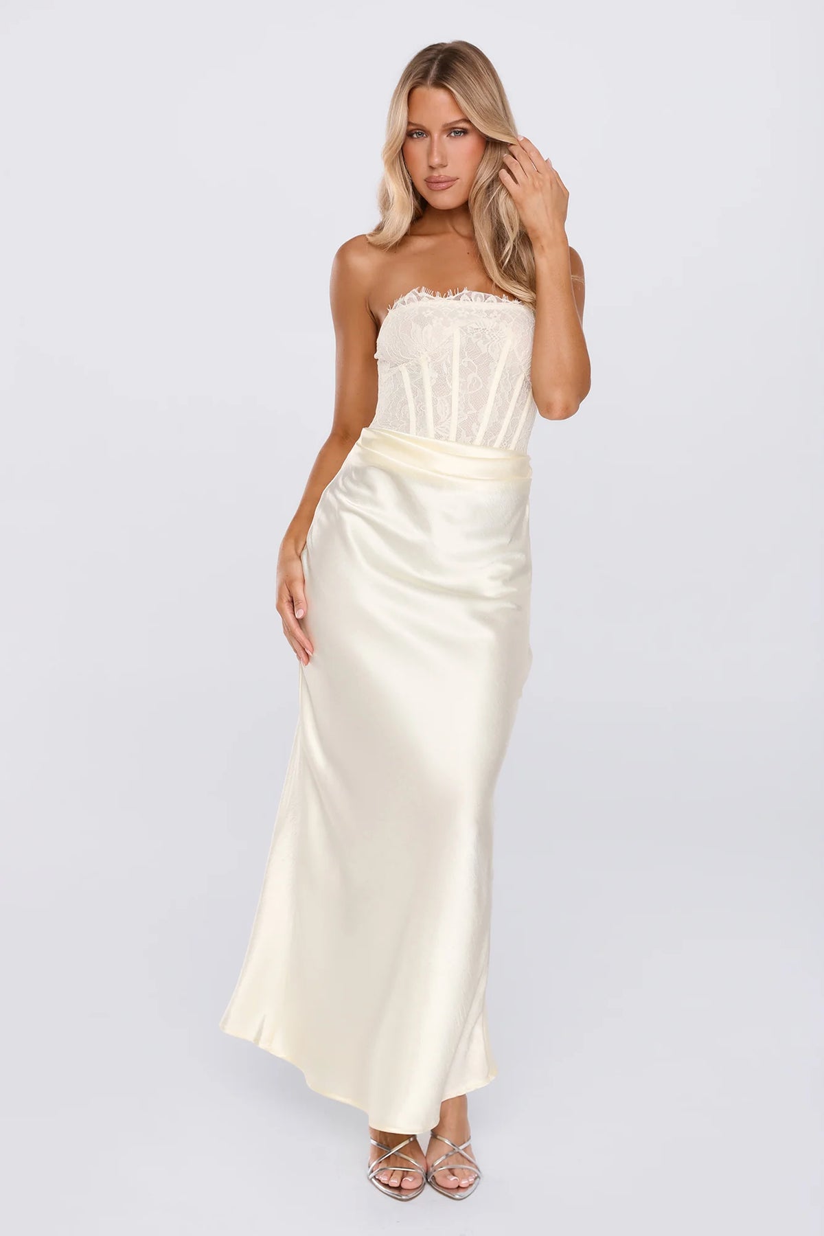 Only Lover Satin Lace Strapless Maxi Dress Yellow