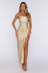 Social Diary Off Shoulder Satin Maxi Dress Yellow