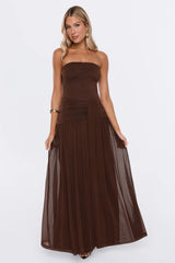 Spark Night Strapless Mesh Maxi Dress Brown