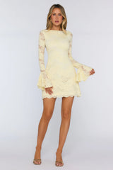 Luxe Pretty Lace Long Sleeve Mini Dress Yellow