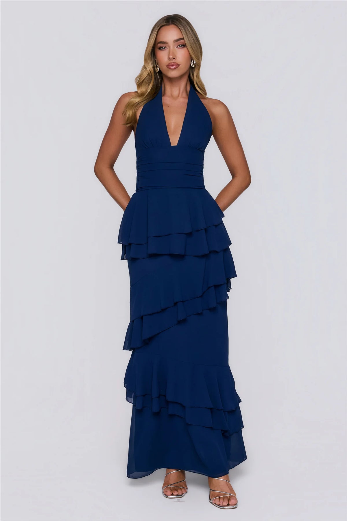 Power Glow Halter Maxi Dress Navy