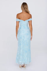 Pretty Little Mood Off Shoulder Maxi Dress Blue