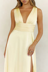 Golden Aura Satin V Neck Maxi Dress Yellow