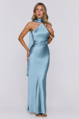 Angelic Love Halter Satin Maxi Dress Steel Blue