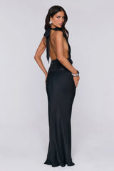 Gossip And Glitter Halter Satin Maxi Dress Black