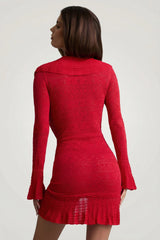 Ruffle-Trim Pointelle-Knit Mini Dress in Cherry