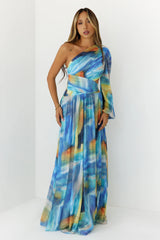 Painting The Town One Shoulder Maxi Dress Blue