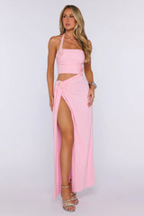 Alluringly Hers Mesh Halter Maxi Dress Pink