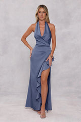Rosé All Day Halter Satin Maxi Dress Blue