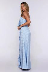Sparked Hour Satin Polka Dot Strapless Maxi Dress Blue