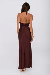 Irresistibly Sleek Halter Satin Maxi Dress Brown