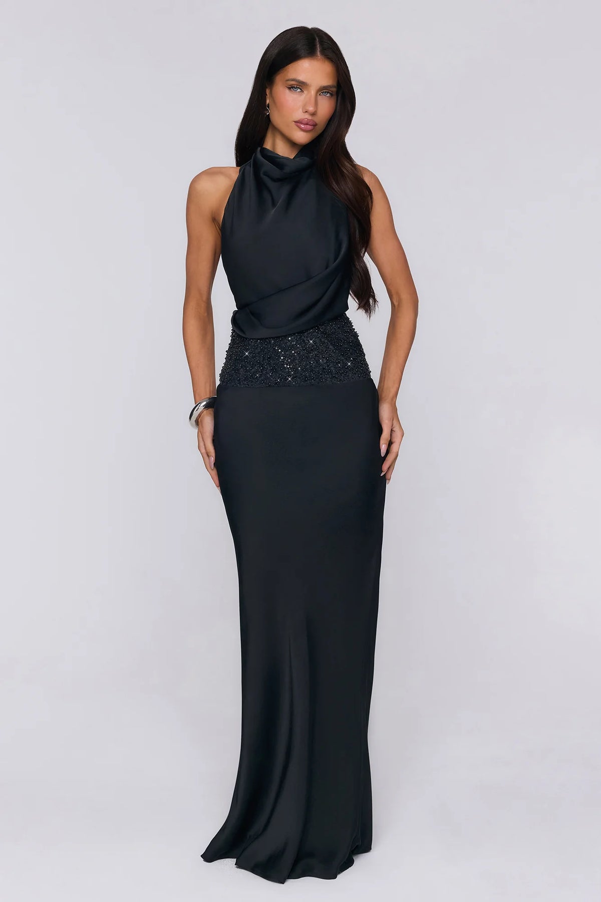 Gossip And Glitter Halter Satin Maxi Dress Black