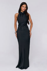 Gossip And Glitter Halter Satin Maxi Dress Black