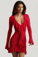 Ruffle-Trim Pointelle-Knit Mini Dress in Cherry