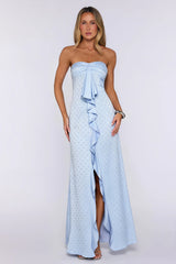 Sparked Hour Satin Polka Dot Strapless Maxi Dress Blue