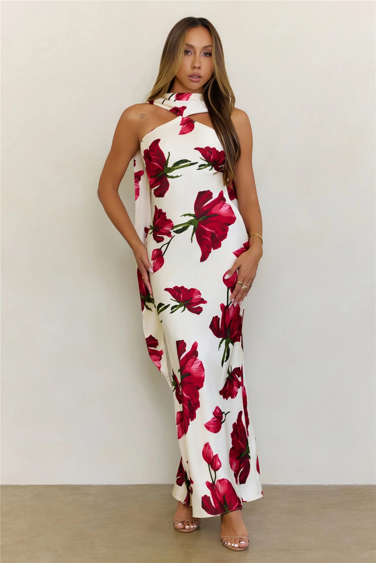 Elegant Satin Neck Scarf Maxi Dress Red