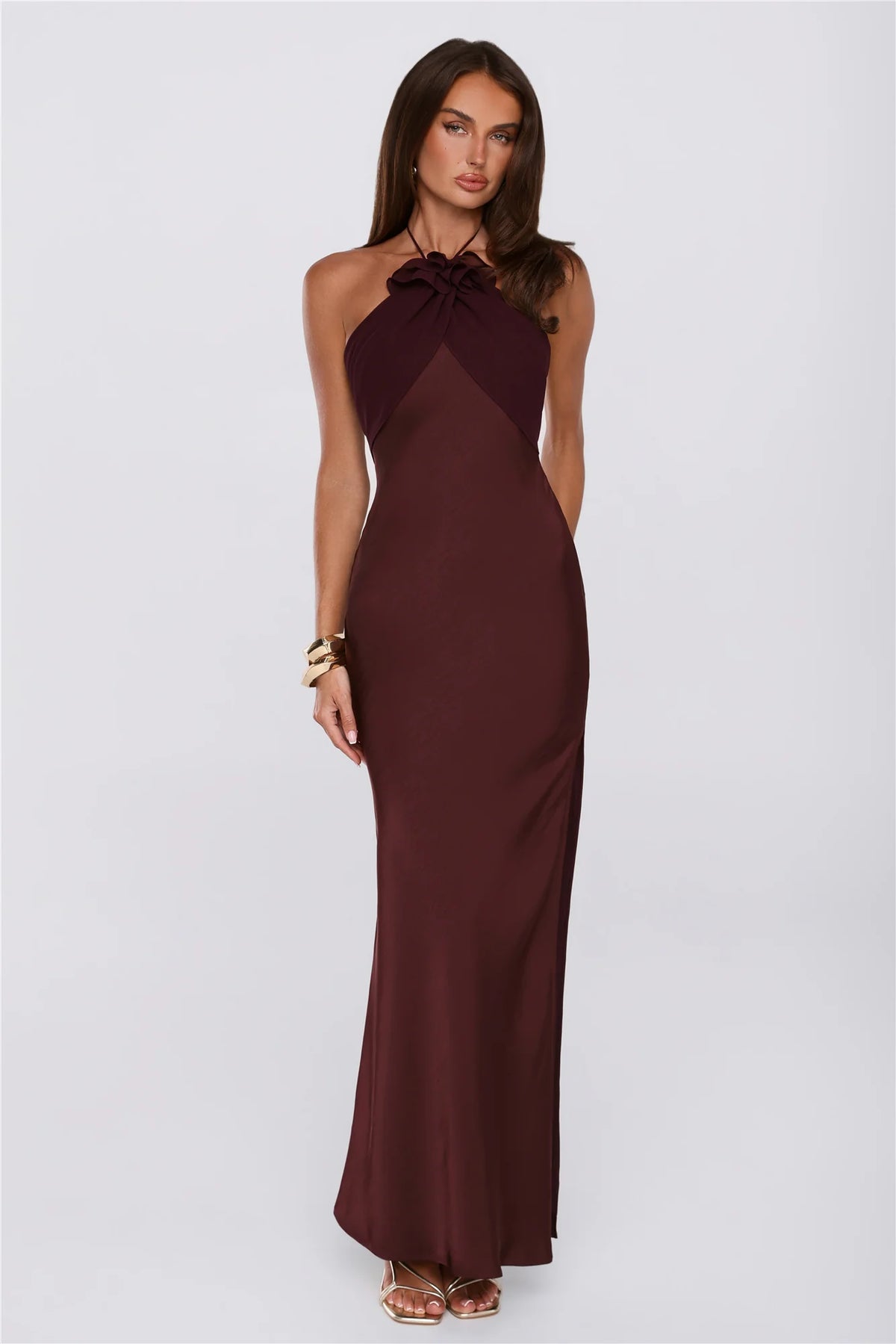 Irresistibly Sleek Halter Satin Maxi Dress Brown