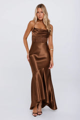 Moments In Silk Satin Maxi Dress Chocolate