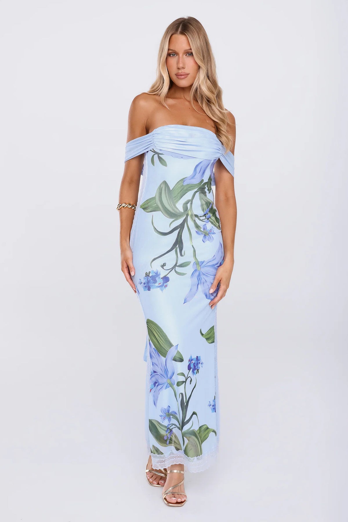 Sweet Society Mesh Off The Shoulder Maxi Dress Blue