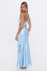 Fashion Story One Shoulder Satin Maxi Dress Blue