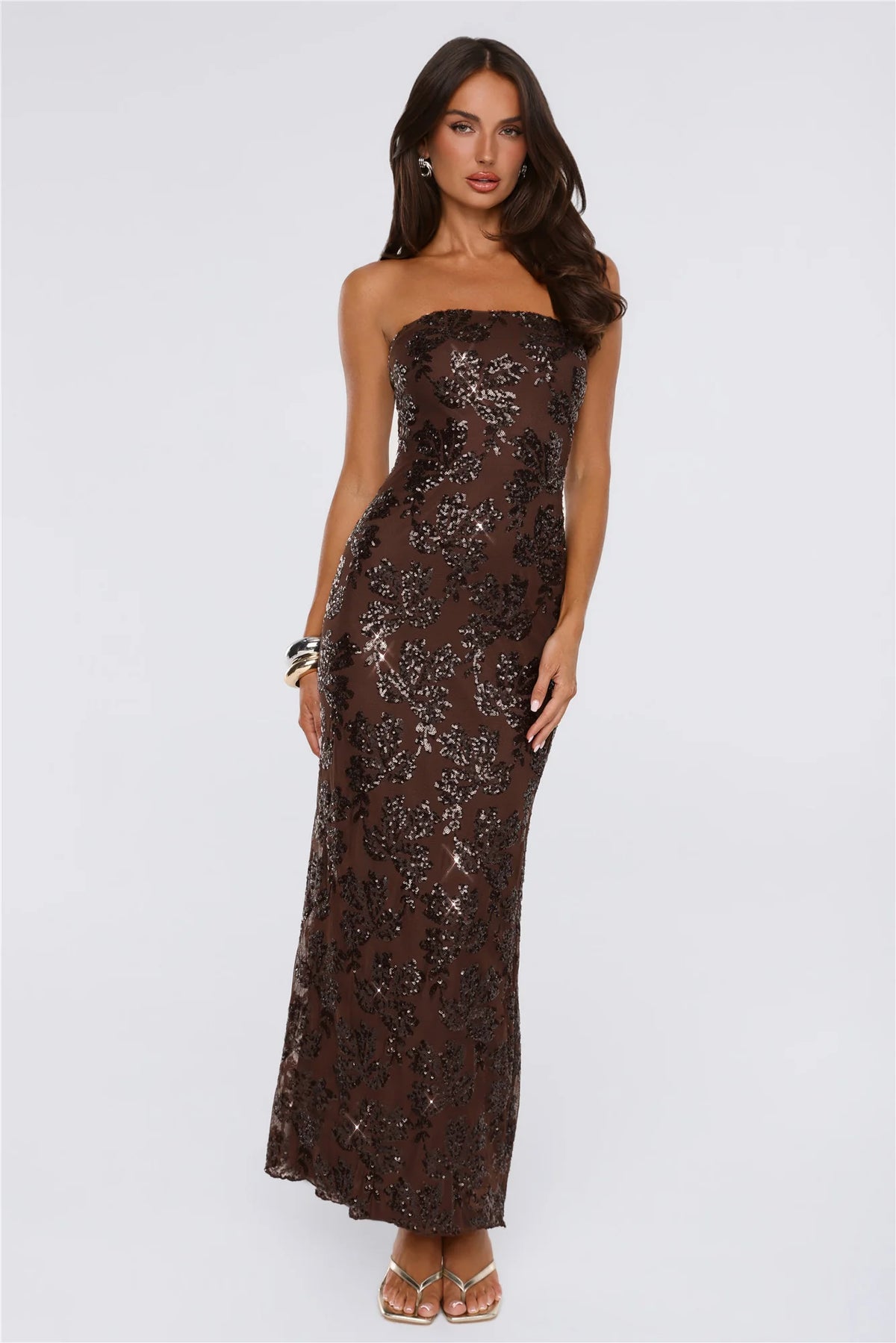 The A List Sequin Strapless Mesh Maxi Dress Brown