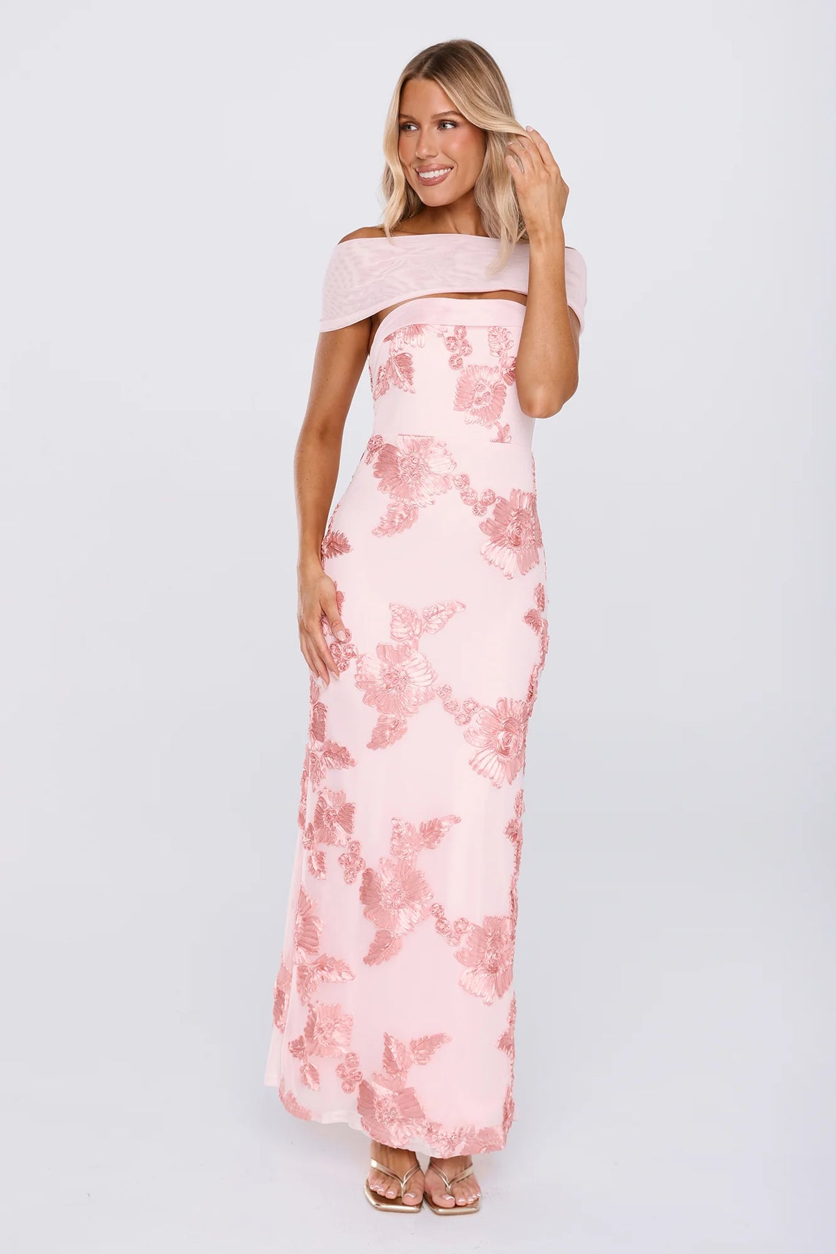 Worth the Plans Mesh Off Shoulder Maxi Dress Pink