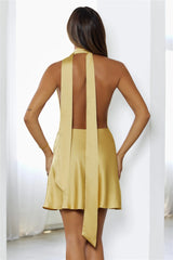 Sultry Satin Halter Neck Scarf Mini Dress Gold