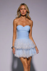 Bloom Soft Strapless Mesh Embellished Mini Dress Blue