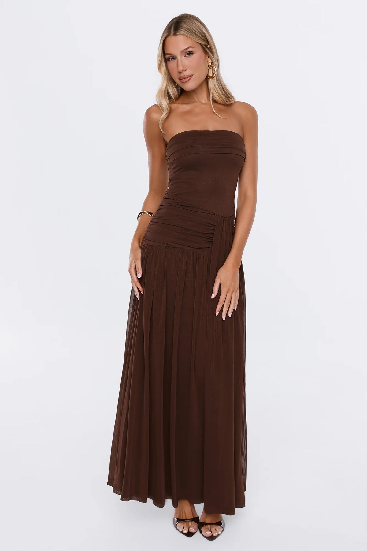 Spark Night Strapless Mesh Maxi Dress Brown