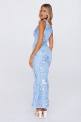 Future Icon Off Shoulder Mesh Maxi Dress Blue