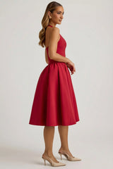 Halterneck Bow-Detail Midi Dress in True Red