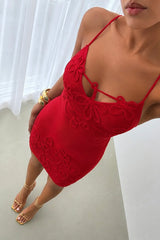 Floral Cord Cutout Ribbed Mini Dress Red